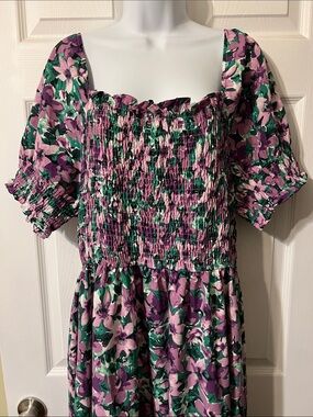 Purple Floral Smocked Maxi Dress, boho cottagecore